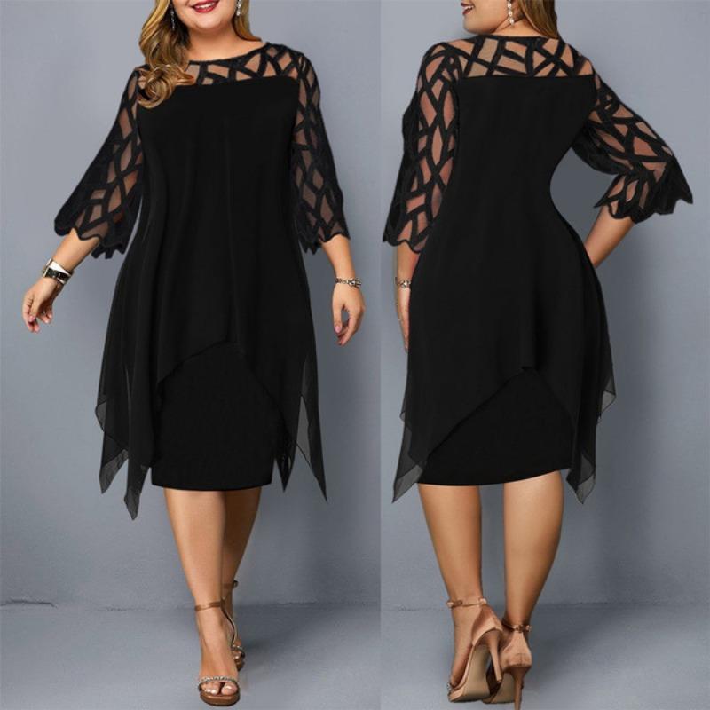 Spitze Patchwork Sommer Plus Größe Casual Chiffon Kleid Frauen Mode Kurzarm Unregelmäßigen Solide Lose frauen Kleider Elegante A Linie Dame Kleid 25547