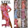 Womens Boho V-Neck Floral Midi Dress Summer Short Sleeve Beach Party Sundress
