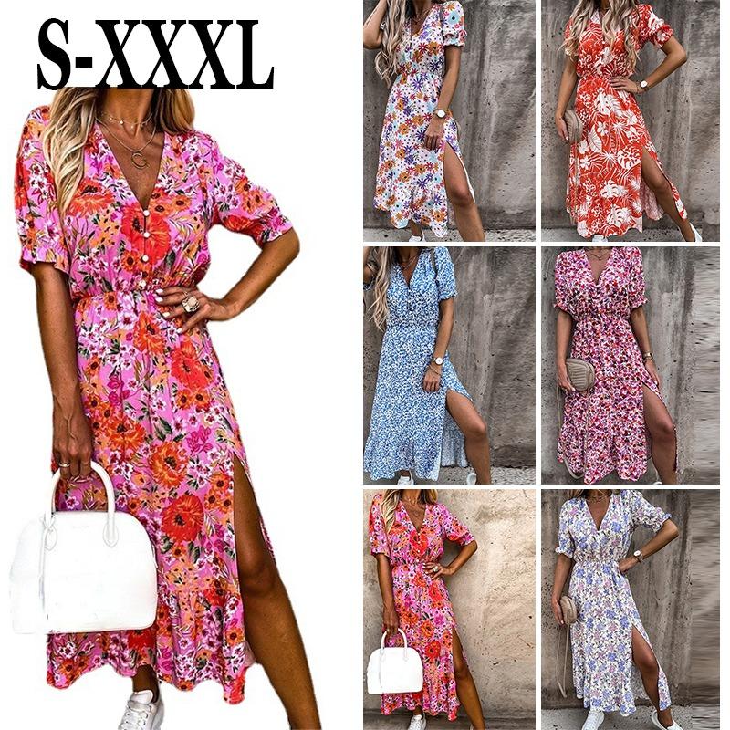 Womens Boho V-Neck Floral Midi Dress Summer Short Sleeve Beach Party Sundress