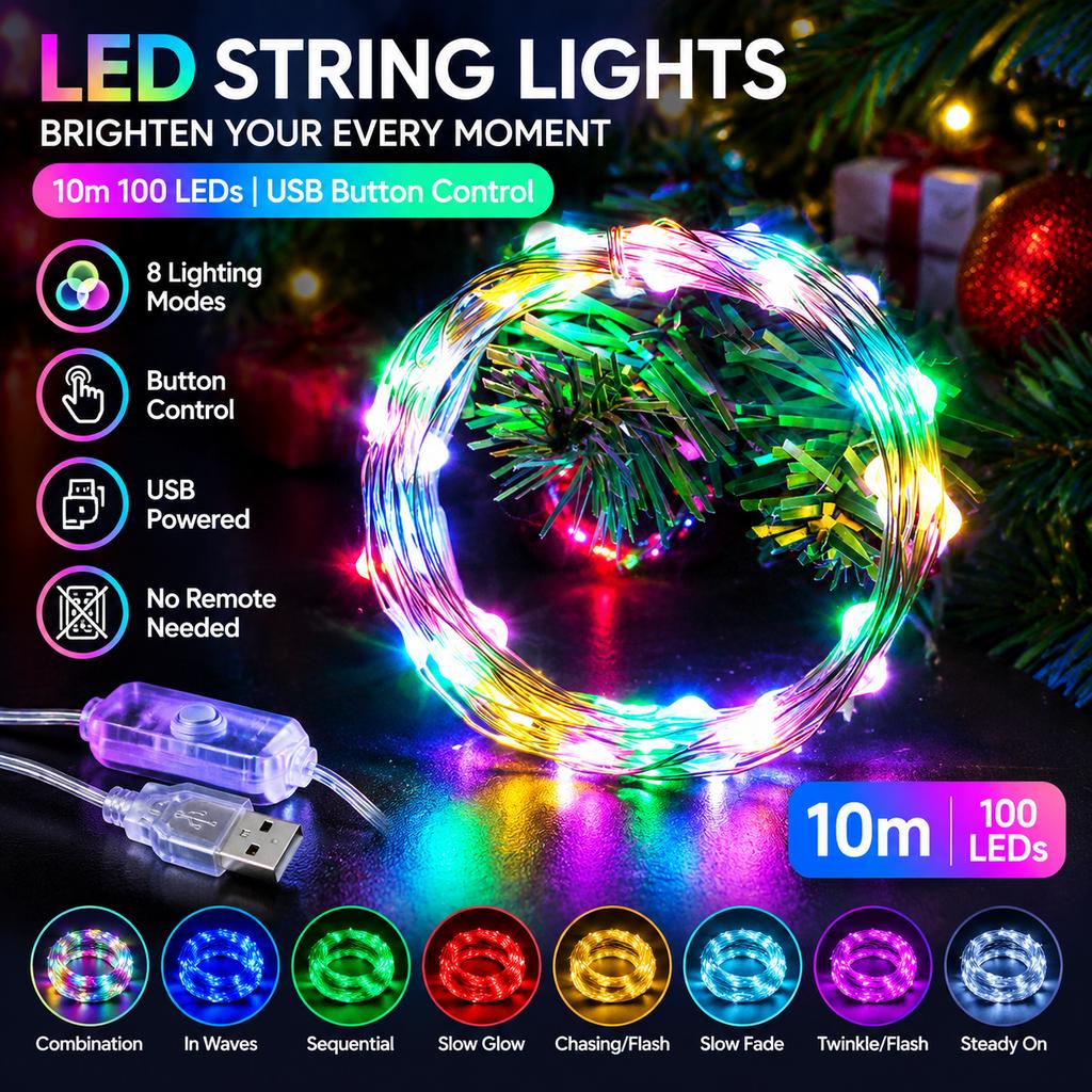 LED Copper Wire String Lights, 10m 100 LEDs, USB Powered, IP44 Waterproof