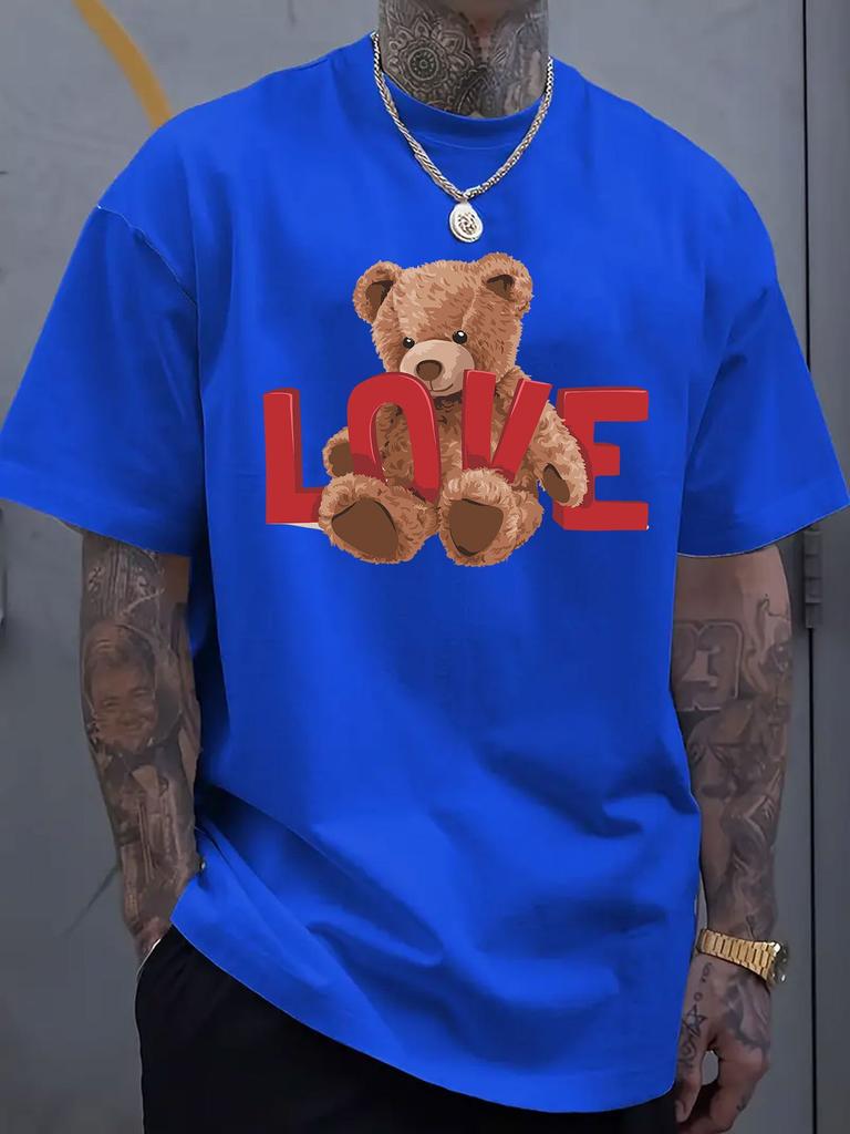 Love Bear Graphic Print Men's Luxury Cotton Short Sleeved T-shirt Summer Unisex Men's and Women's Street Fashion Clothing