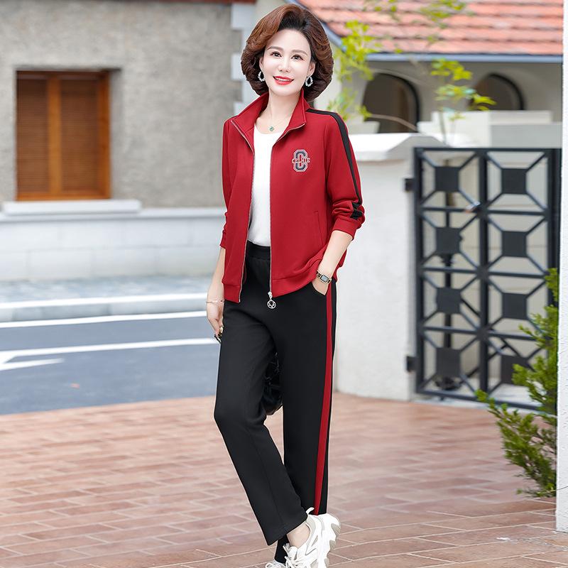 

Стильный спортивный костюм-кардиган 2025 для женщин среднего и старшего возраста: Весенне-осенний повседневный костюм-двойка 5XL (suggested 145-155 jin) красный