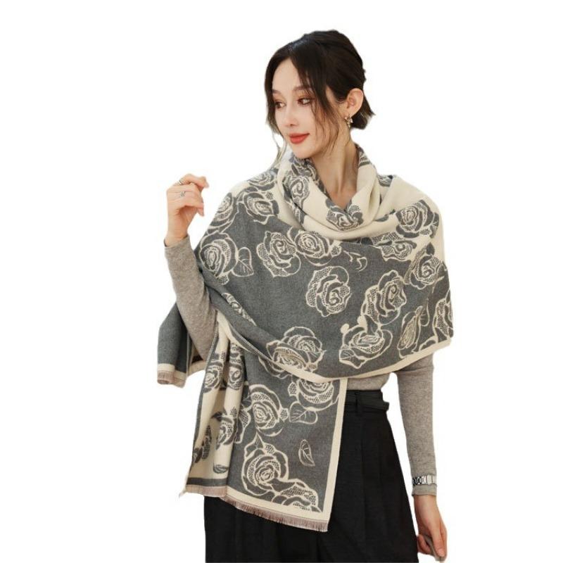 Autumn and Winter Scarf Women's New Rose Story Double-sided Jacquard Imitation Cashmere Scarf Versatile Warm Thickened Shawl