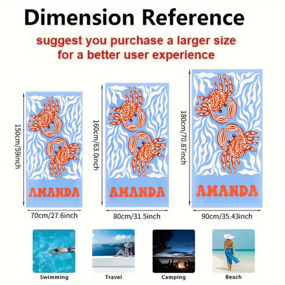 Custom Name Crab Beach Towel 1pc Personalized Lightweight Absorbent Towel for Beach Pool Wholesale Kids Summer Essentials