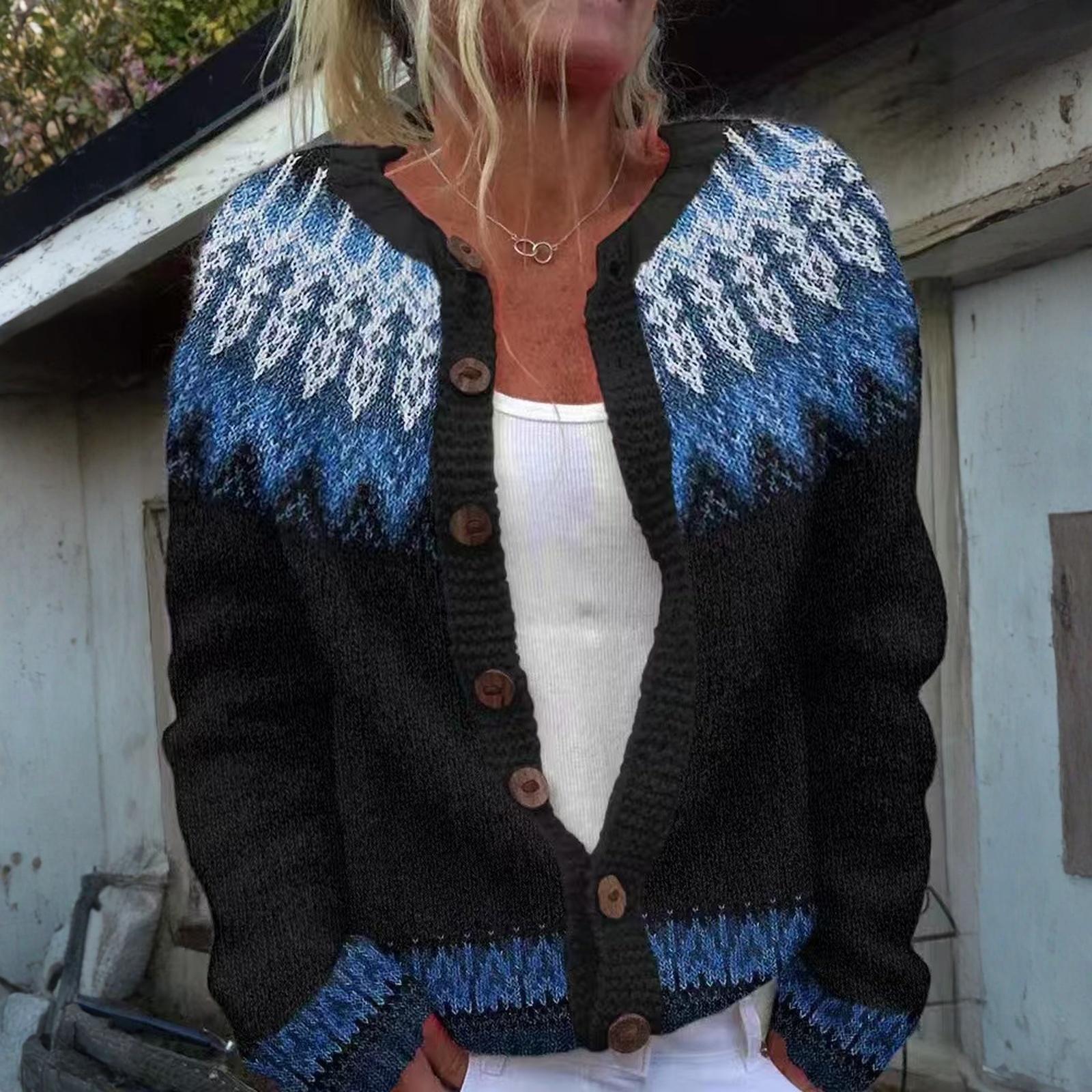 

Кардиганы в стиле Fair Isle для женщин, с круглым вырезом, свободного кроя, на пуговицах, объемный свитер, с открытой передней частью, повседневная вязаная куртка на осень L