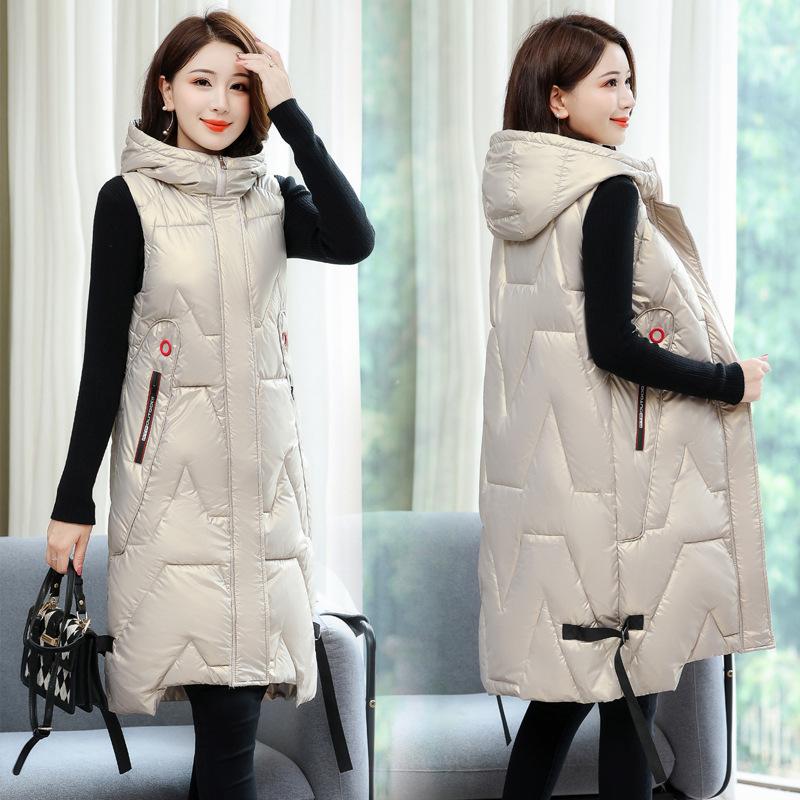 Women's Autumn and Winter Plus Size Long Solid Colour Hooded Down Jacket Vest Warm Loose Zipper Outerwear