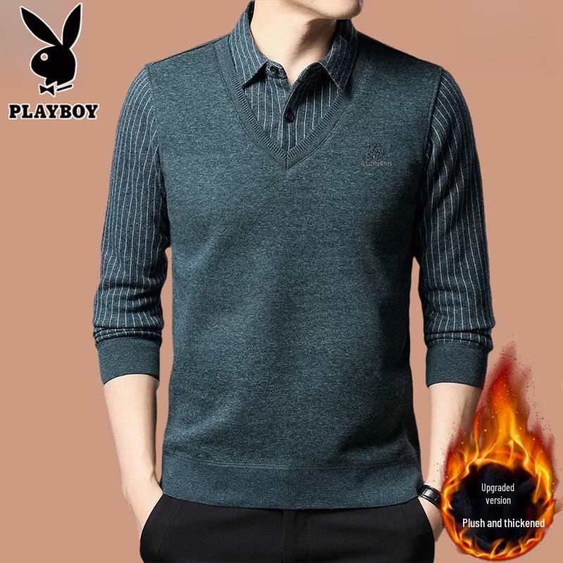 PLAYBOY Men's Faux Two-Piece Fleece-Lined Sweater with Shirt Collar