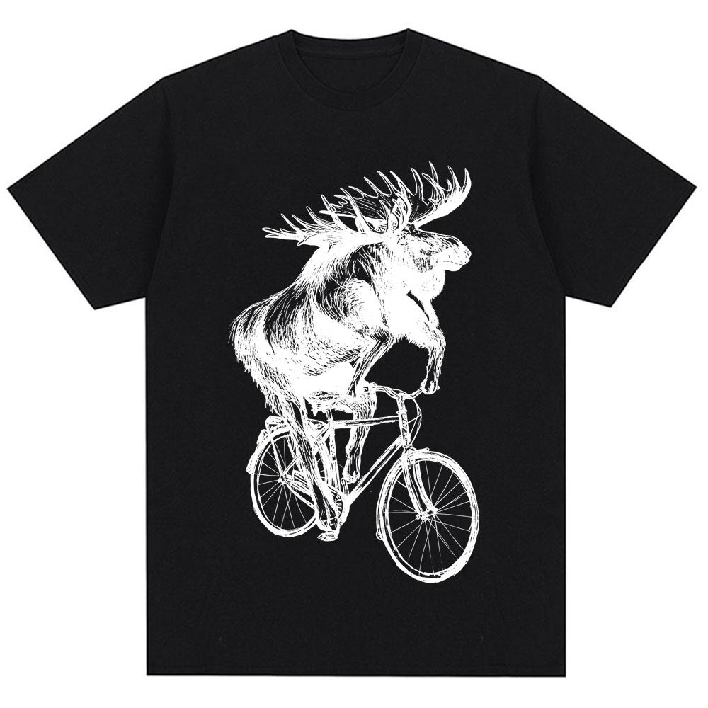 Funny Moose on Bicycle Graphic T Shirt Men Women Vintage Harajuku Creativity T-shirts Oversized Cotton Casual T-shirt