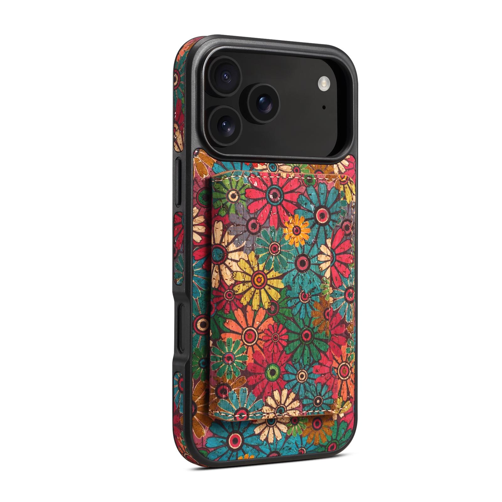 

For iPhone 17 Pro Magnetic Case Detachable Card Bag Flower Leather Back Cover