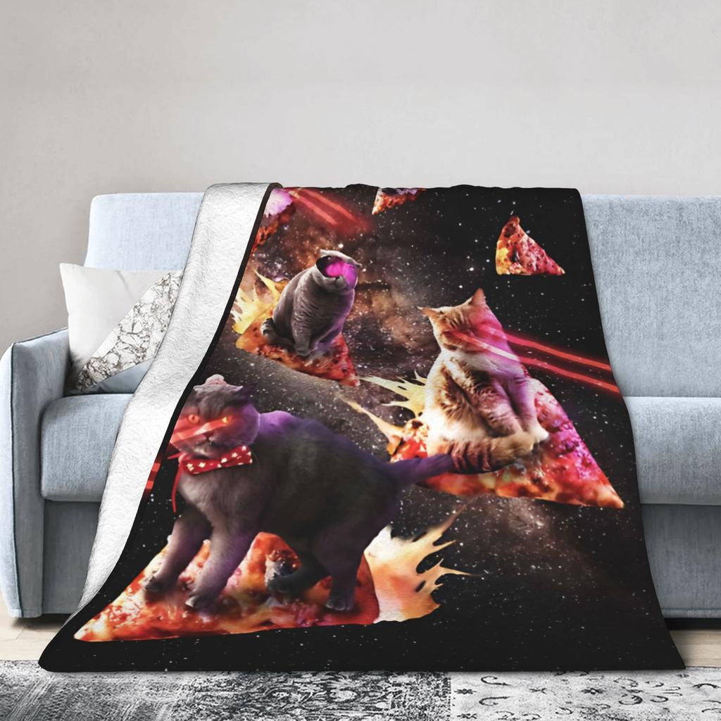 Galaxy Laser Cats Space Pizza Cat Flannel Throw Blankets Funny for Bed Knitted Blanket Office Warm Multifunction