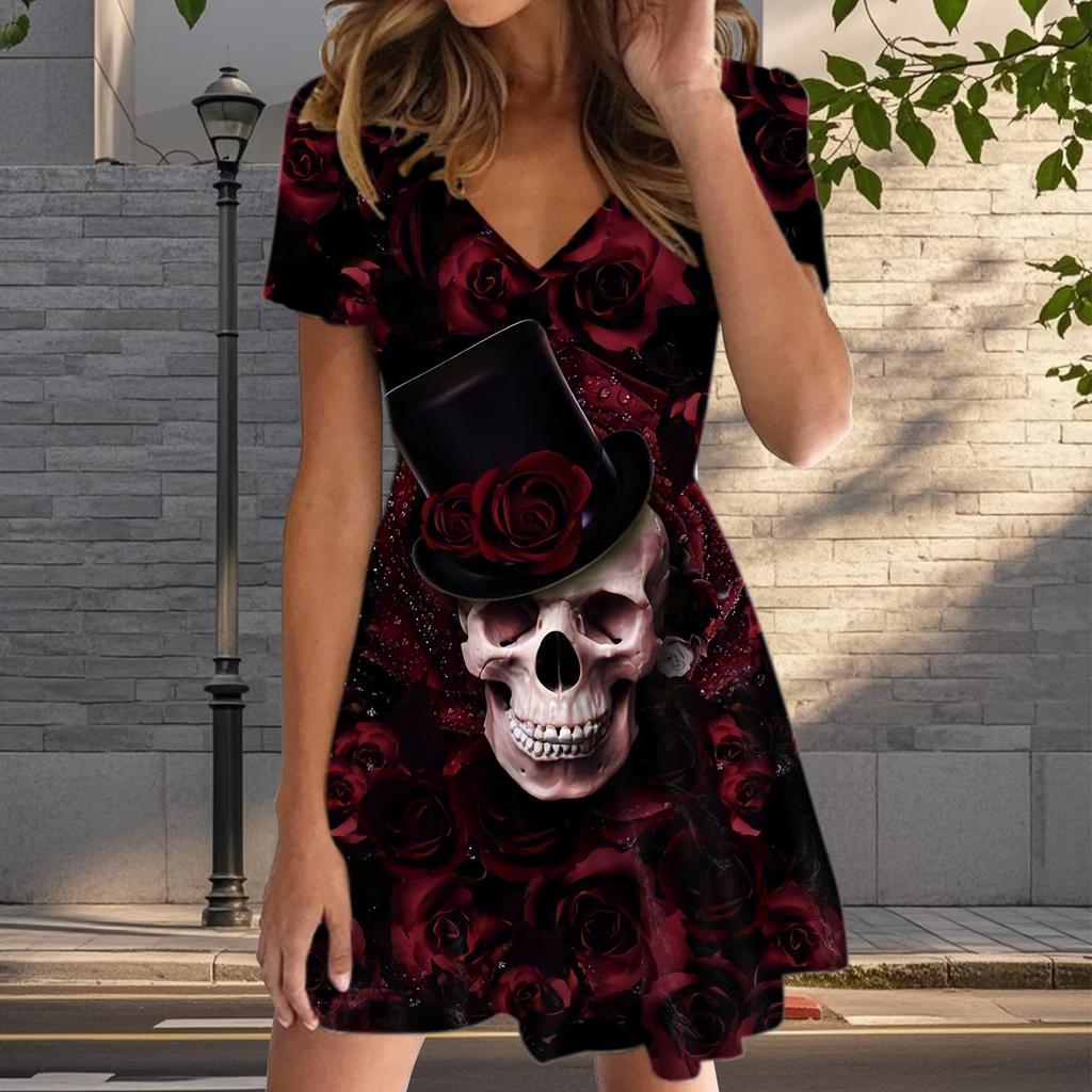 Sommermode Damen V-Ausschnitt Kurzarm Skelett-Print Kleid Sex Kurzer Rock Kleider