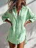 Women Solid Color Lapel Collar Long Sleeve Button Down Shirt Loose Mid‑Length Casual Open Cardigan For Spring