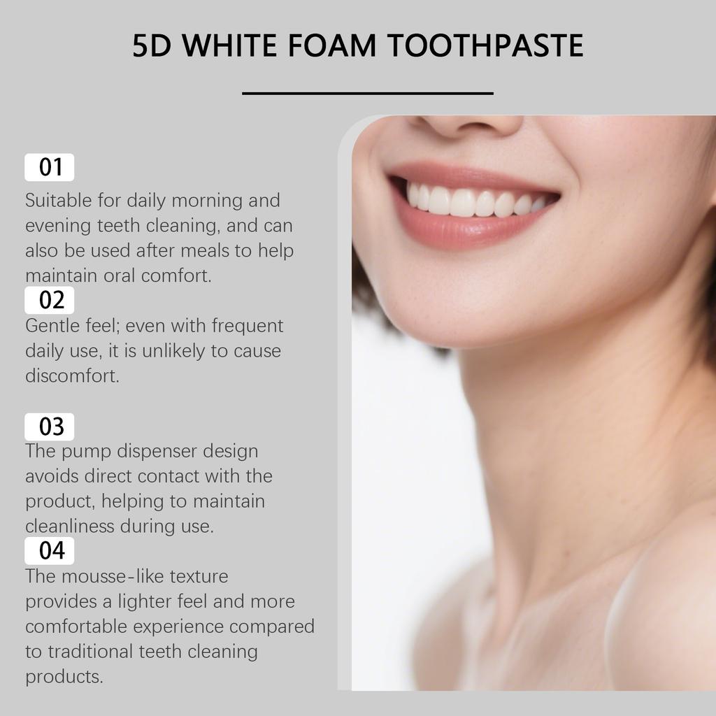 5D Bright White Foaming Toothpaste Gentle, Cleansing, Whitening Teeth, Refreshing and Glowing, Fresh Breath, Oral Care, Cleanliness, Toothpaste