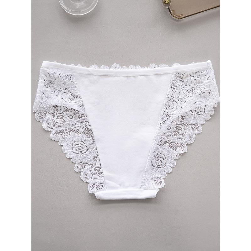 Damen Elegante Nahtlose Baumwoll-Slips mit Spitzenbesatz und Atmungsaktivem Komfort, Einfarbig Hohl L weiß