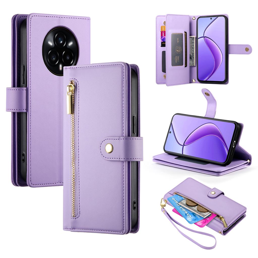 DF-011 Para Realme 14 Pro+ 5G Capa com Bolso Carteira com Zíper Capa de Celular em Couro com Alças