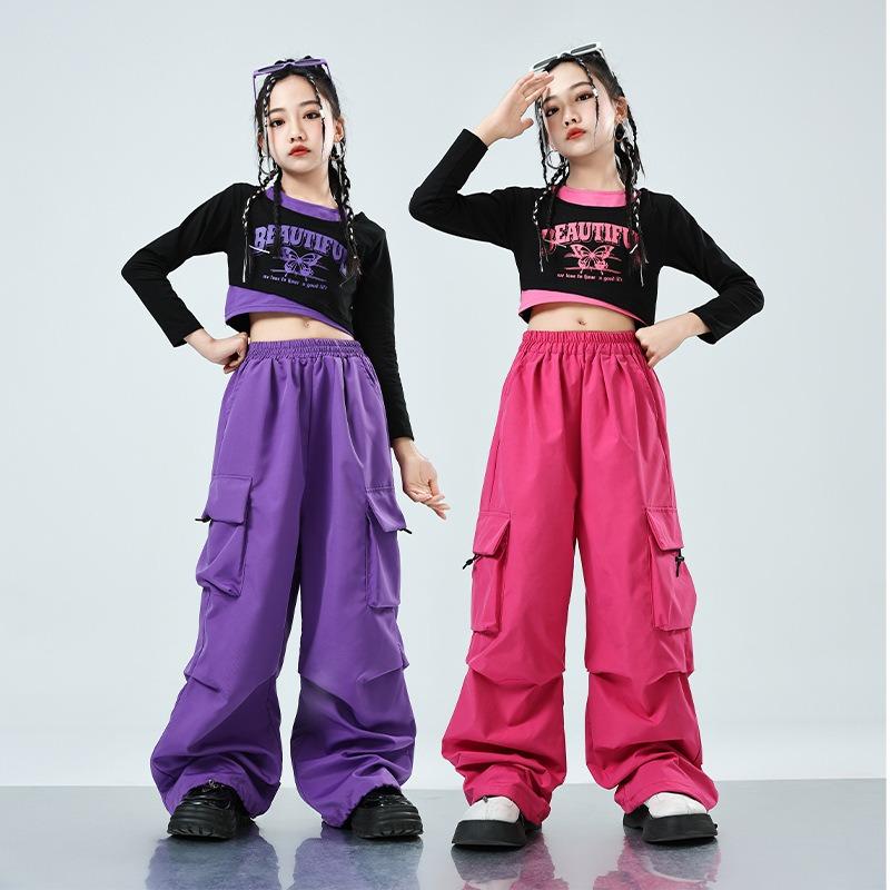 Children's Street Dance Fashion Suits Girl's Jazz Performance Hip-hop Clothes Color Matching Cool Wide Leg Pants 2-piece Set