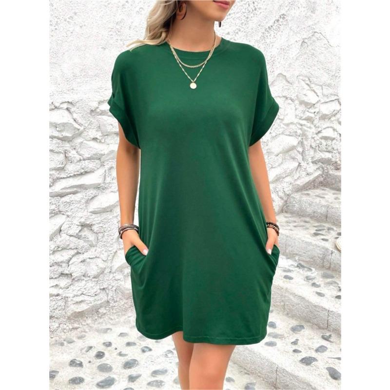 Women Casual Solid Color Round Neck Bat Sleeve Invisible Pocket Loose Short Sleeved Dress