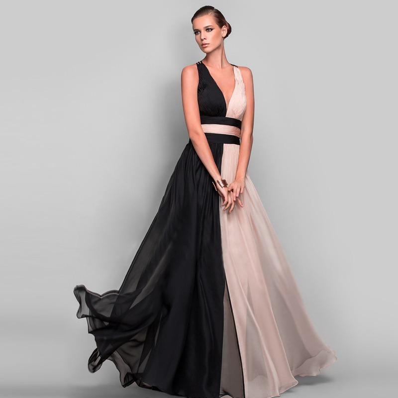 Women's new chiffon contrasting evening dress sleeveless v-neck splicing dress long