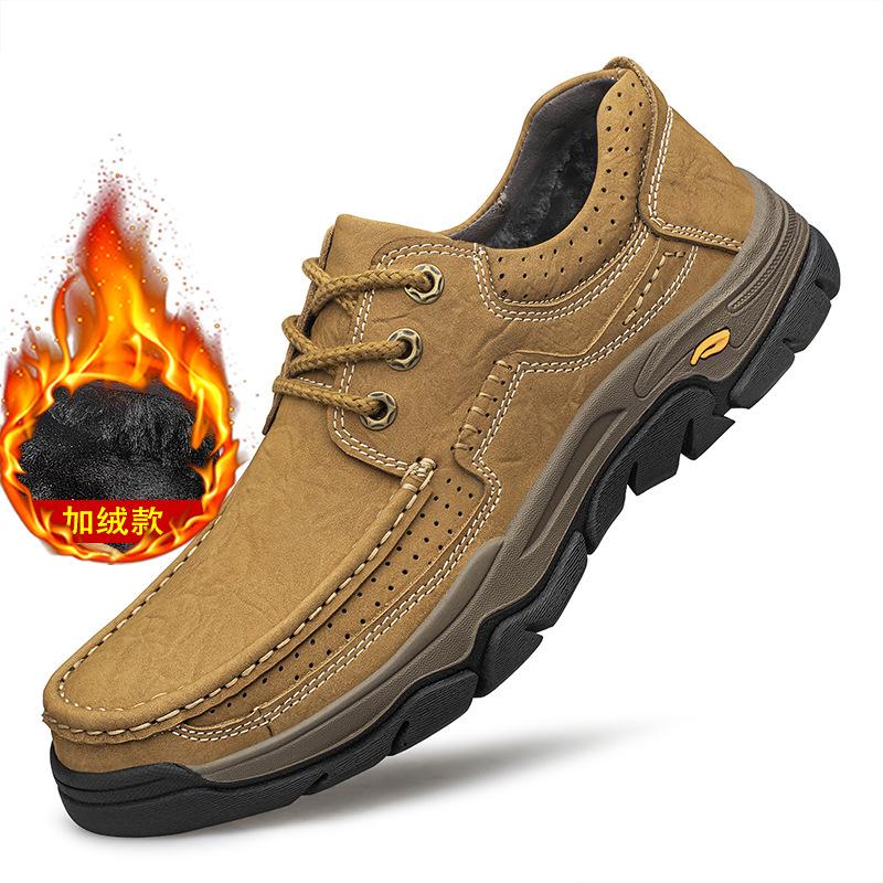 

[First layer leather] Winter outdoor large size versatile trend mountaineering men s shoes velvet warm men s retro casual shoes 44