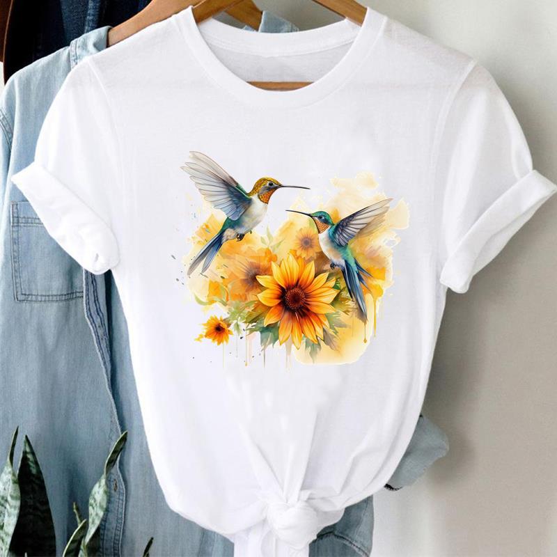 (Asian Size) Love Heart Flower Clothing Lady O-neck Short Sleeve T-shirts Printed Female Top Casual T Shirt Fashion Women Graphic Tee