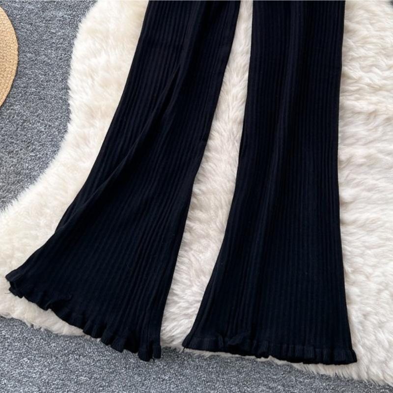 Herbst Winter Damen Lässiger Stil Gestrickter Pullover Kordelzug Weites Bein Hausanzug Hose