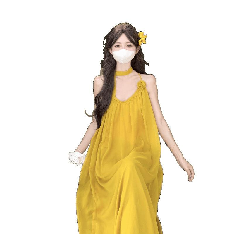 Yellow Neck Sling Dress for Women To Take Pictures In Summer and Wear a Long Skirt On the Beach for Seaside Vacation