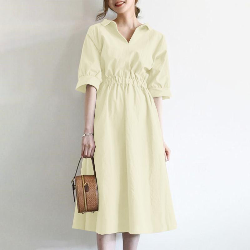 ZANZEA Women Casual Turn Down Collar Solid Color Loose Half Sleeve Dress