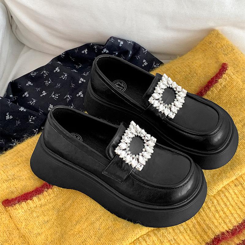 Black retro platform small leather shoes women's 2025 new spring and autumn versatile one-pedal British Mary Jane loafers