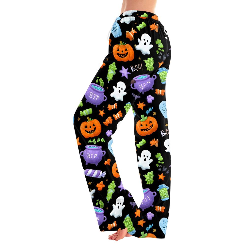 Women's Halloween Print Pants with Elastic Waist and Drawstring for Casual Home Sleepwear