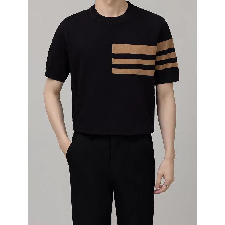 

Летняя футболка с коротким рукавом и круглым вырезом, вязаная, дизайн колор-блок, для мужчин, корейский стиль, облегающая, дышащая 3XL чёрный