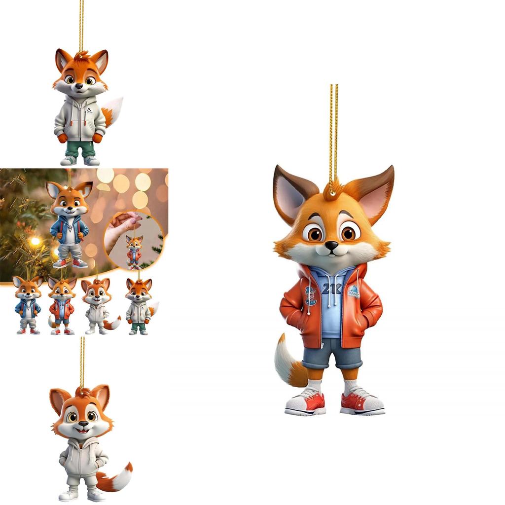 Adorable Cartoon Fox Acrylic Flat Christmas Tree Ornament For Car Interior Decoration