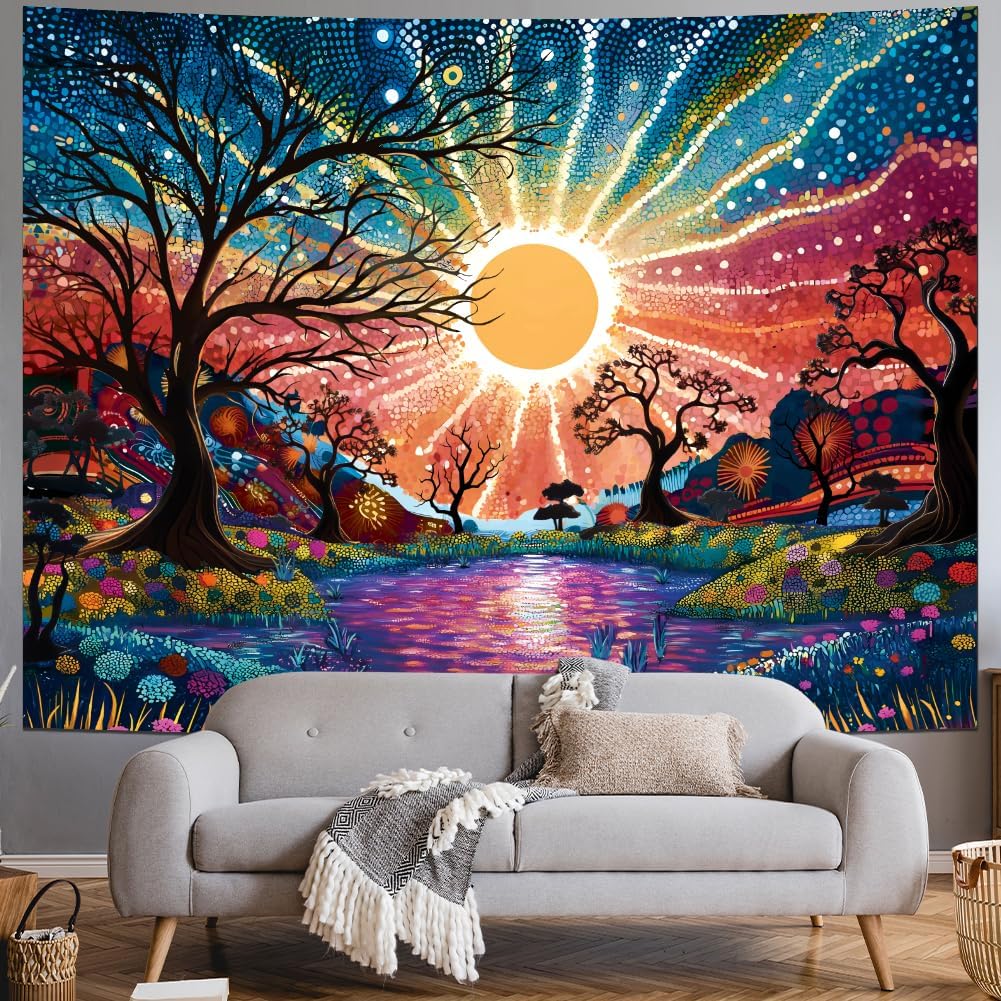 Serborlur Tree of Life Tapestry Trippy Sun Forest Tapestries Colorful Starry Sky Tapestries Hippie Nature Landscape Wall Tapestry Aesthetic Vintage