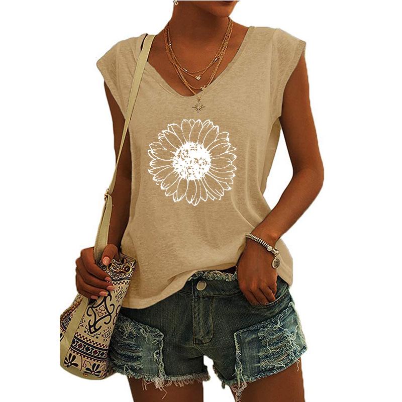 2023 Trendy Women's V-neck Print Cap Sleeve Loose T-shirt Top