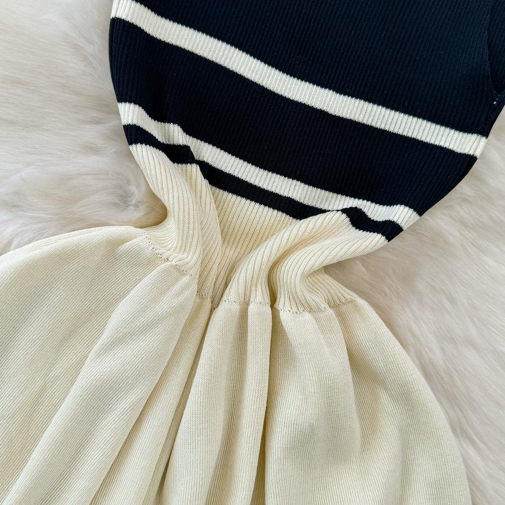 Summer Women Sleeveless Tank Knitted Striped Sweater Zipper Pullover Dresses