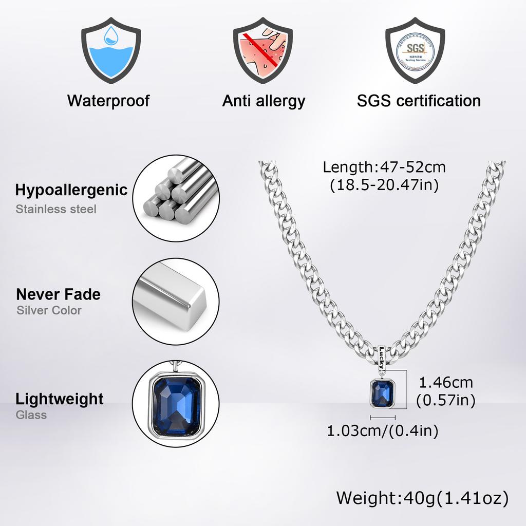 Geometric Square Blue Stone Pendant Necklaces, Stainless Steel Lucky Collar, Unisex Cuban Link Chain Chokers