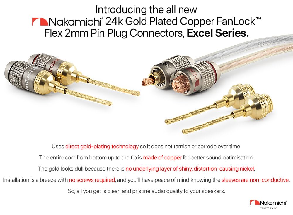 Nakamichi FanLock Excel 24K Gold-Plated Flex 2mm Pin Banana Plugs for Spring Clip Terminals, 10-18AWG, 4mm Hi-Fi Home Theater Connectors, 12pcs