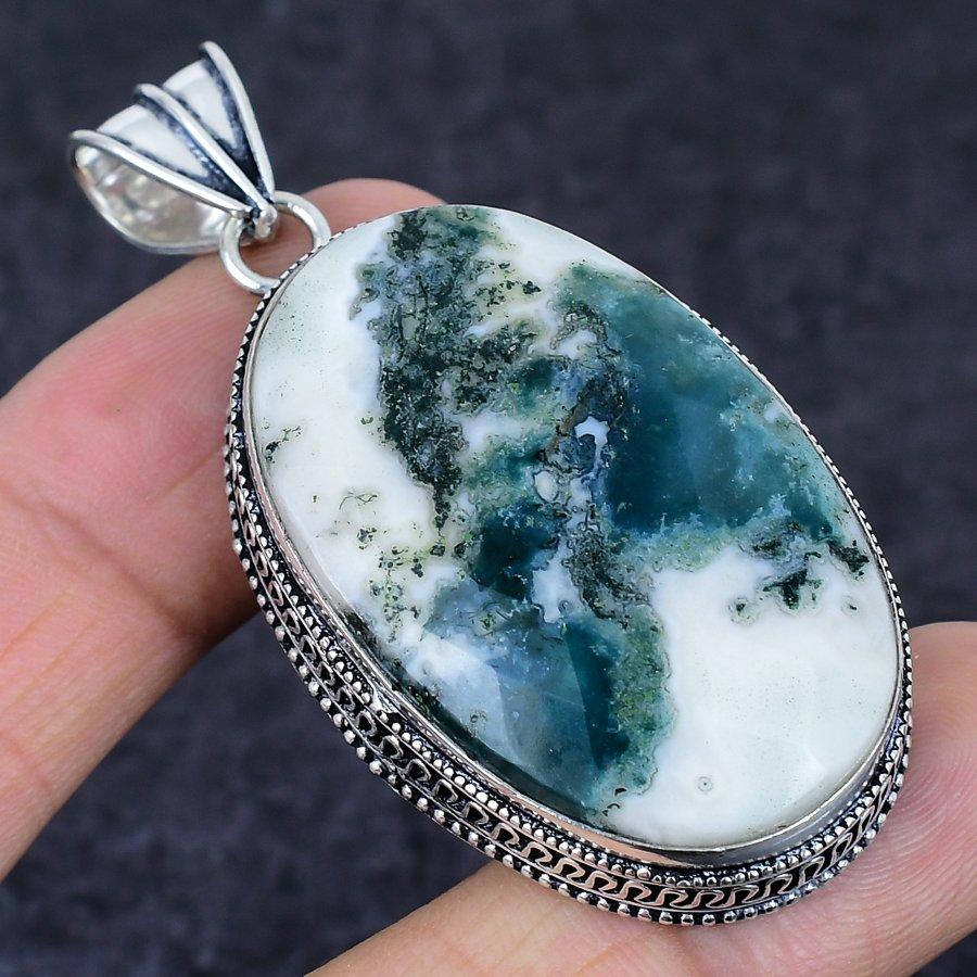 Tree Agate Gemstone Handmade 925 Sterling Silver Jewelry Pendant 2.48" T7L05