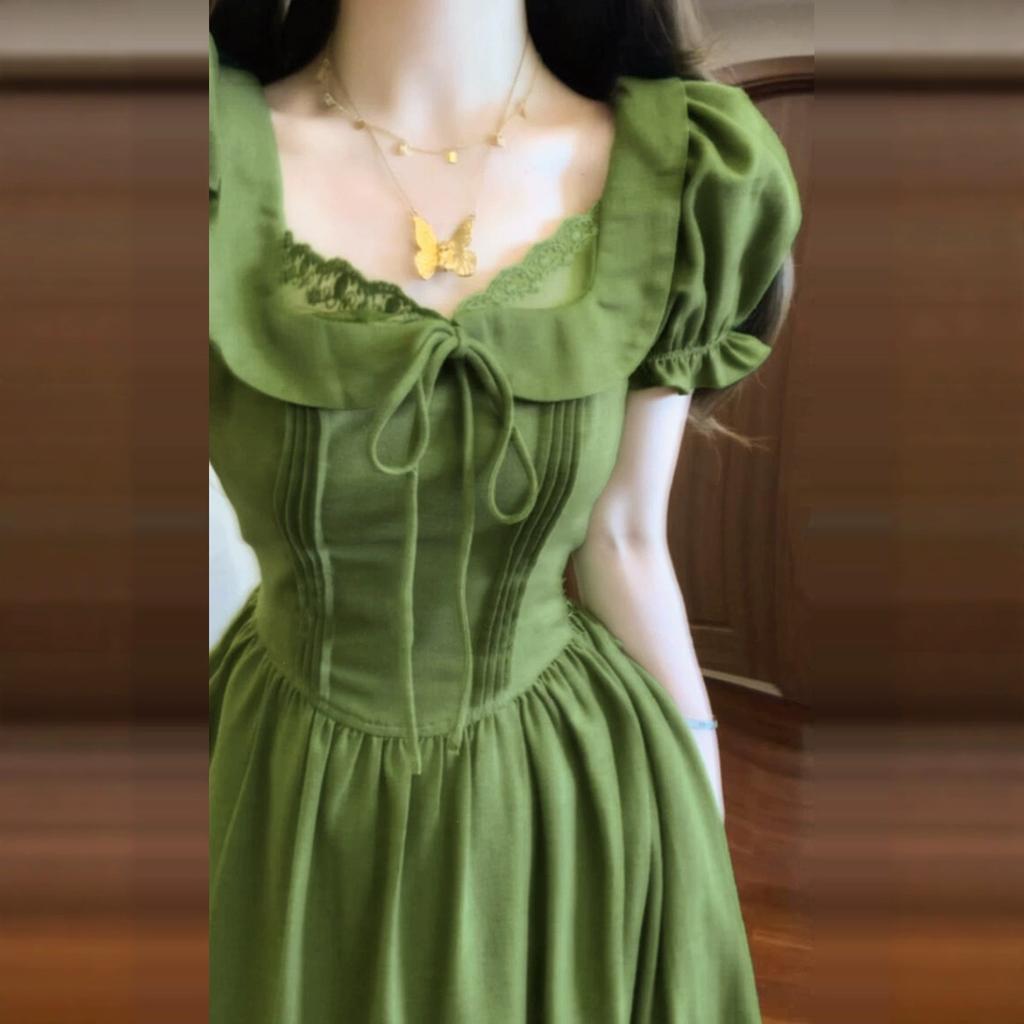 French Retro Green Dress Children's Summer New Models Are Popular This Year, Small Temperament Pinched Waist Dress
