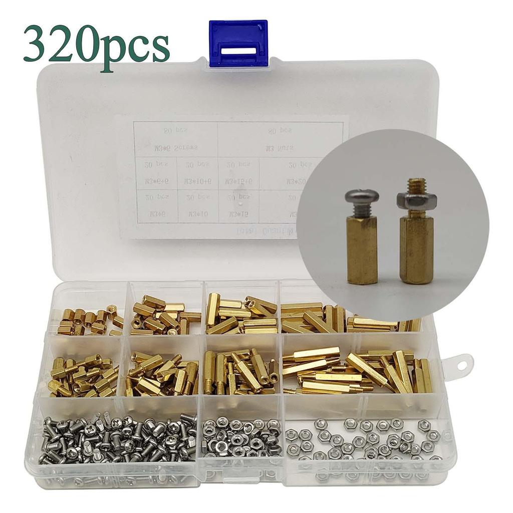 320pcs Boxed M3 Brass Hex Copper Pillars: Male-Female, 6-10mm, Inner/Outer Thread Support Posts