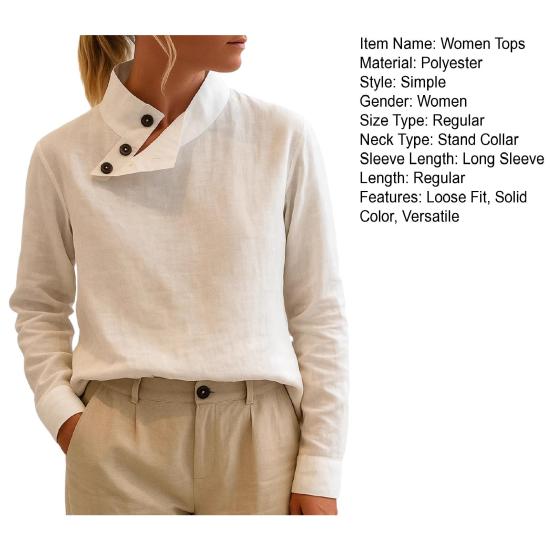 Blusas Femininas Gola Alta Decote com Botão Chanfrado Manga Comprida Pulôver Tops Cor Sólida Caimento Solto Tops Casuais Trabalho Festa Uso Diário