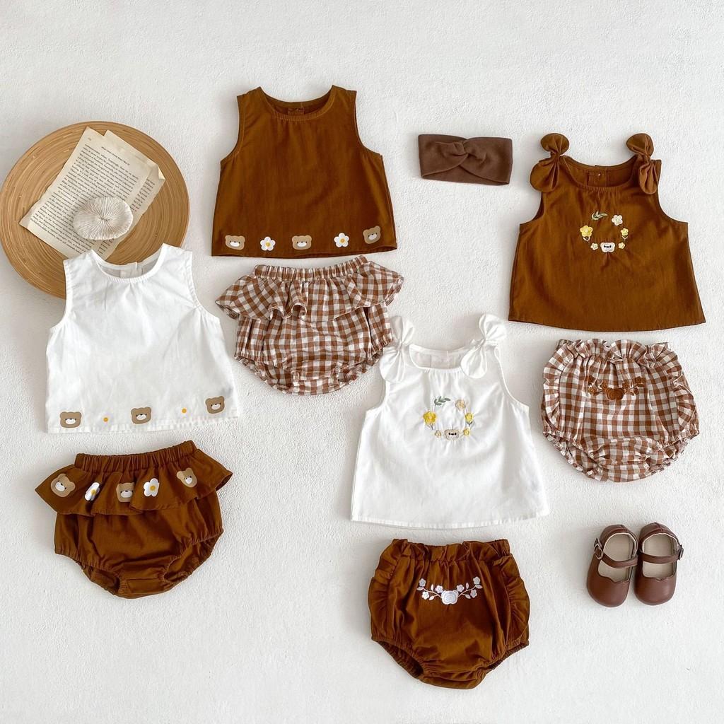 Adorable Baby Outfit Set With Bear Print Sleeveless Top And Ruffled Triangle Shorts For Boys And Girls Perfect For Summer Ages 1 To 3
