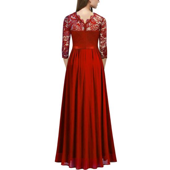 Bridesmaid Dress for Women Lace Patchwork Formal Gowns Crew Neck