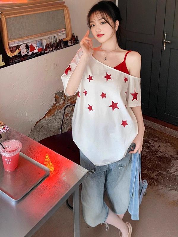 Korean Style Star Print One-Shoulder Camisole Patchwork T-Shirt - Women’s Loose Summer Top