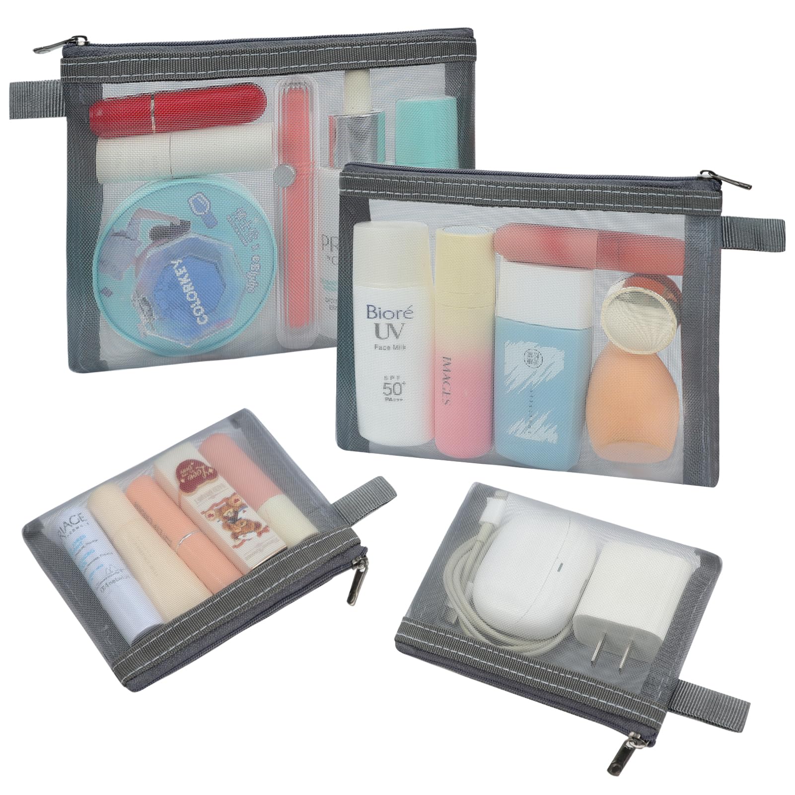 

besharppin Mesh Cosmetic Pack of Makeup Pouch for Cosmetics and Small Perfect for Business Trips and Sizes M and S Pouch, 4, Items, Travel, (Gray) серый