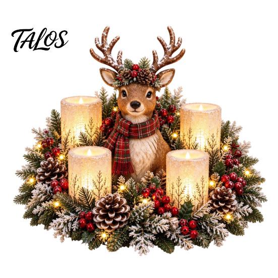 Holiday Resin Ornaments Lighted Highland Cow Christmas Table Centerpiece, Flickering LED Flameless Candles, Frosted Red Berry Seasonal Accents