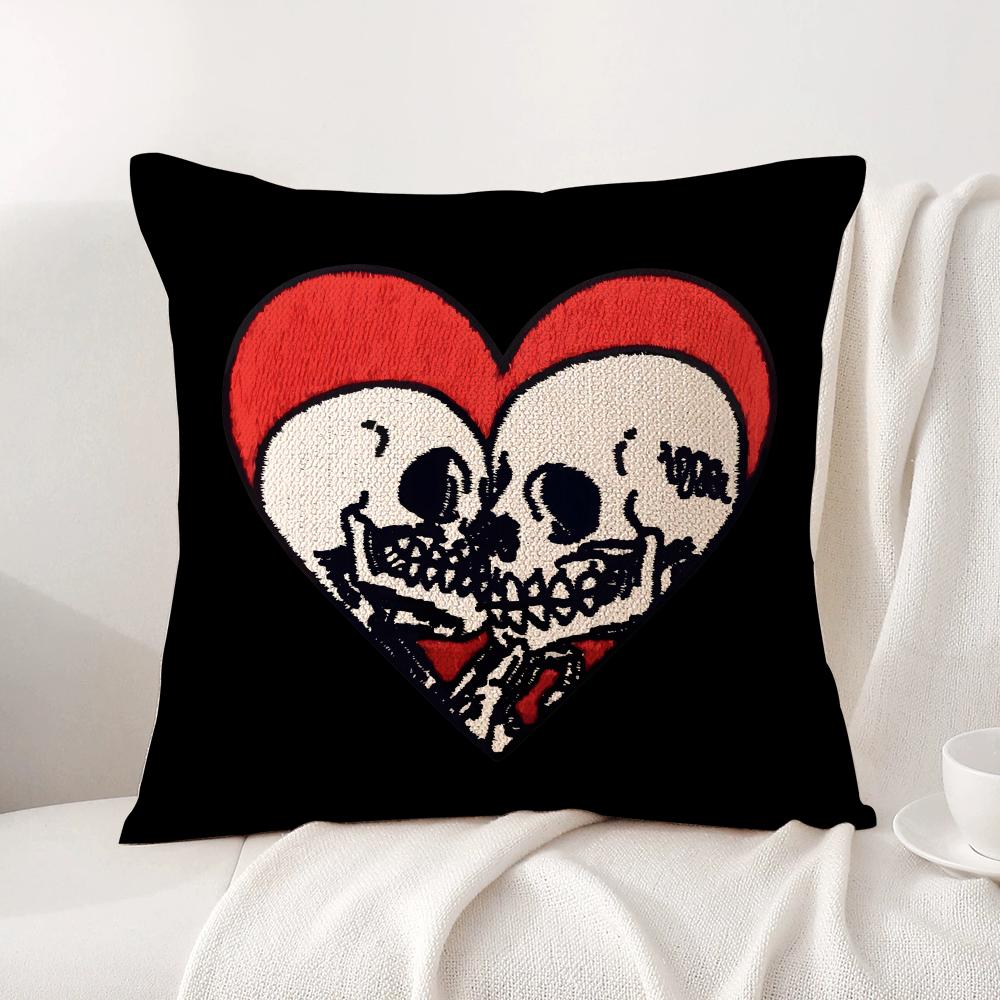 Cool Skull Heart Cushion Cover Natural Linen Organic Fabric DoubleSided Printing Sofa Home Decor Breathable Bed Pillow