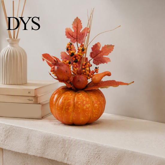 Artificial Pumpkin Ornaments Mini Fall Decoration, Farmhouse Autumn Thanksgiving Foam Centerpiece Faux Pumpkins with Maple Leaves Berries Sunflower