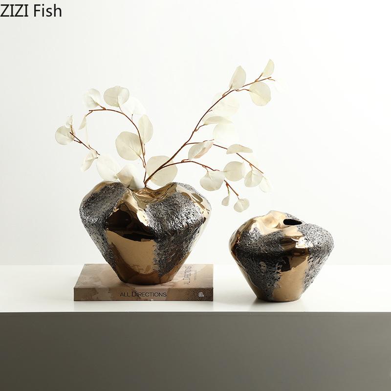 Bumpy and Uneven Ceramic Vase Table Decoration Artificial Flower Decorative Flowers Arrangement Gold-plated Vases Modern Decor