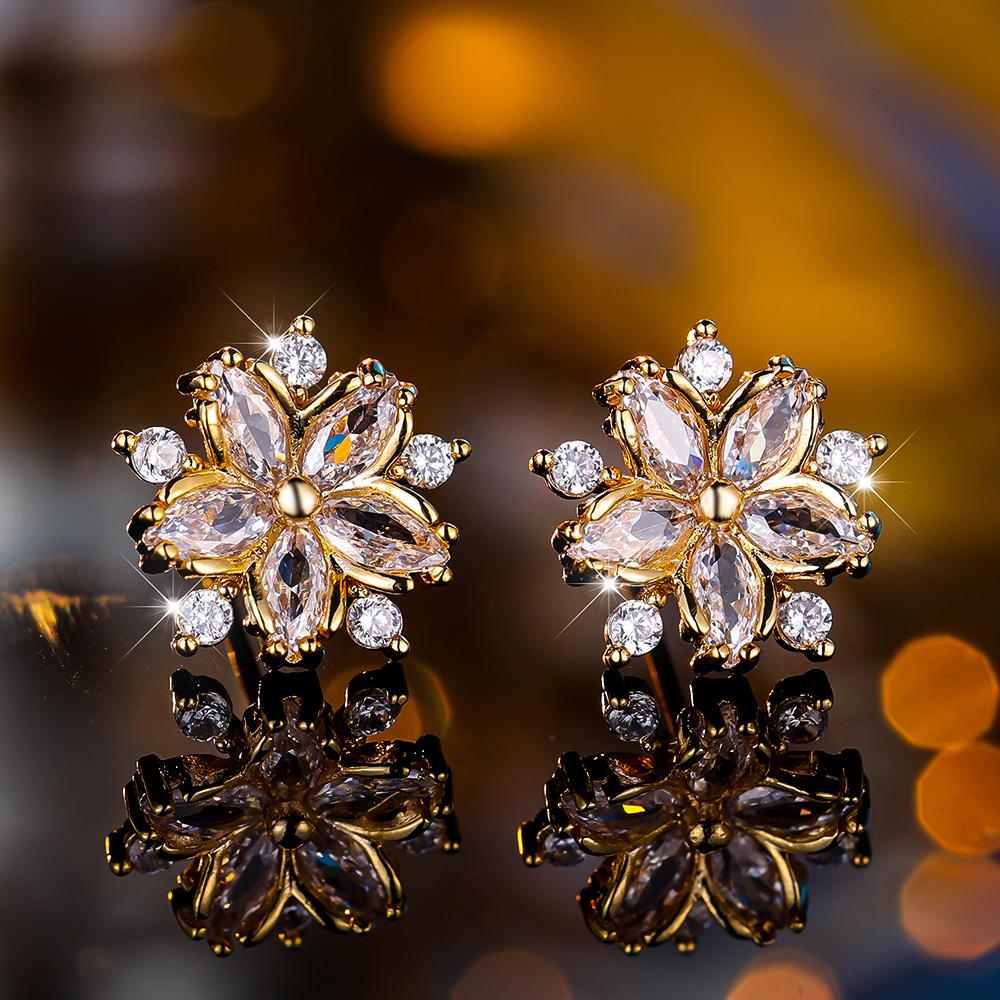 Cute Female White Purple Zircon Stone Snowflake Stud Earrings Vintage Rose Gold Color Wedding Jewelry For Women