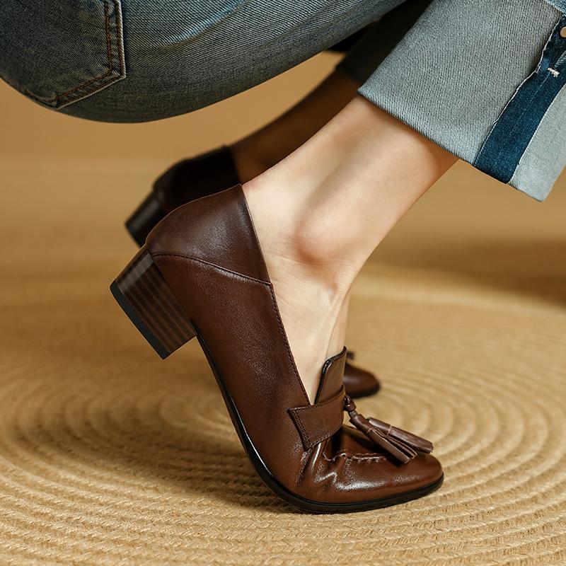 Fashion 2025 Spring Cowhide Women Shoes Round Toe Chunky Heel Women Pumps Shoes for Women Genuine Leather Loafers Tassels Ladies Shoes